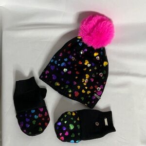 Bari Lynn Vibrant Kids Beanie and Mittens/Fingerless Glove Set Pink Fur Pom-Pom
